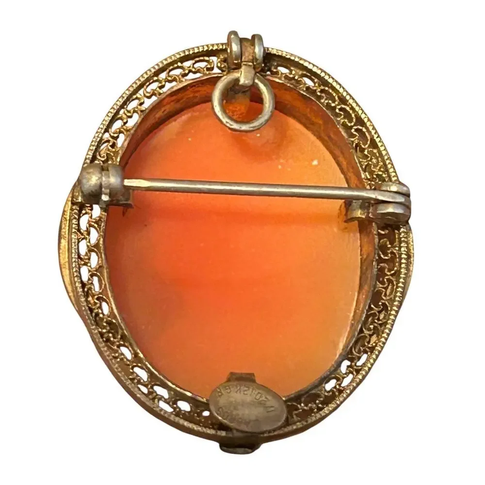 Vintage D’Abros Shell Cameo Brooch Pendant 12K Gold Filled Filigree Frame